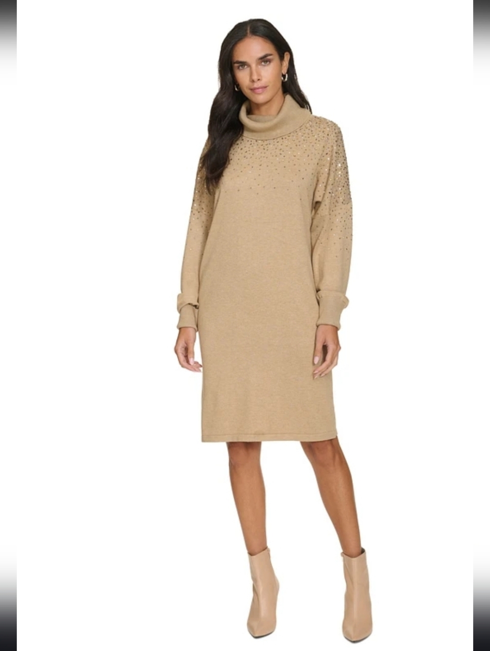 Calvin Klein Women’s Beige Embellished Cowl Neck Sweater Dress Sz L Rhinestones
